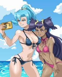 2girls bikini blue_hair breasts cellphone chocolate_and_vanilla clair_(pokemon) curvy curvy_figure dark-skinned_female dark_skin female_focus female_only gym_leader hand_on_shoulder iris_(pokemon) long_hair medium_breasts multiple_girls nintendo pale-skinned_female pale_skin pokemon pokemon_bw pokemon_gsc ponytail purple_hair schlumper selfie shiny_skin size_difference small_breasts twintails