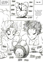 2girls clock crazy_eyes dragon_ball dragon_ball_super dragon_ball_z eyes_wide_open eyeshadow looking_at_clock no_nut_november page_30 pointy_ears race_of_hera thewritefiction tired_eyes videl zangya