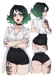 1girls ai_generated big_ass big_breasts big_butt black_shorts booty_shorts breasts cleavage curvy curvy_figure eye_contact fat_ass female feminine gothic green_eyes green_hair green_hair_female hourglass_figure japanese japanese_female kyokalovesxo labcoat light-skinned_female makeup original_character pale-skinned_female pale_skin poker_face pout red_lipstick science scientist slim soft_breasts tattooed_arm tattoos wavy_hair wedgie wedgied_female white_clothing
