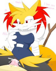 anthro bandage black_body black_fur bodily_fluids braixen breasts clothing clothing_aside cum cum_in_pussy cum_inside duo female fur generation_6_pokemon genital_fluids hand_on_breast hi_res male male/female nakachidragon nintendo pokemon pokemon_(species) red_body red_eyes red_fur school_swimsuit stick swimwear white_body white_fur yellow_body yellow_fur