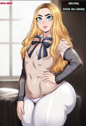 1girl android ass blonde_hair blue_eyes bubble_butt dat_ass devil_daddy dumptruck_ass female female_only gynoid hand_on_hip large_ass long_hair m3gan m3gan_(film) non-human pale-skinned_female pale_skin plump_lips ribbon spankable_ass thick_eyebrows thick_thighs white_pants wide_hips