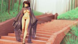 1girls 3d breasts cape dead_or_alive female female_only lei_fang looking_at_viewer navel necklace nipples nude nude_female outdoors pubic_hair pussy sandals stairs streaking sunlight tree trees twintails walking