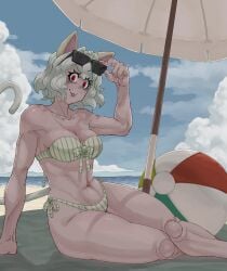 1girls 2023 animal_ears background beach beach_background beach_ball beach_umbrella bikini bikini_bottom breasts cat_ears cat_girl cat_humanoid cat_tail chimera_ant doll_joints eyebrows eyebrows_visible_through_hair eyelashes eyewear fakkufakkufakku female green_bikini hi_res highres humanoid hunter_x_hunter long_fingernails long_nails muscular muscular_female nails neferpitou pale-skinned_female pale_skin red_eyes short_hair shounen_jump sunglasses sunglasses_on_head sunlight thick_thighs villainess white_hair white_tail wide_hips