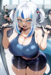 ai_generated ameanon big_breasts gawr_gura gym gym_shorts hololive looking_at_viewer sharp_teeth smug sports_bra sweat thick_thighs wide_hips