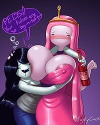 2girls absurd_res adventure_time areolae artist_name big_breasts black_hair breasts canon_couple cartoon_network clothing dress english_text female female_only hair highres huge_breasts large_breasts long_hair marceline mightycock multiple_girls nipples pale-skinned_female pale_skin pink_hair pink_skin princess_bubblegum text vampire watermark yuri