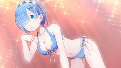 1girls anime bikini blinking blue_eyes blue_hair breasts cleavage female female_focus female_only hair_over_one_eye human light-skinned_female light_skin matching_hair/eyes navel on_all_fours re:zero_kara_hajimeru_isekai_seikatsu rem_(re:zero) short_hair swimsuit x_hair_ornament