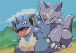 ambiguous_penetration anthro biped blue_body breasts duo featureless_breasts female female_penetrated generation_1_pokemon grey_body hi_res hidoihito male male/female male_penetrating male_penetrating_female nidoqueen nintendo penetration pokemon pokemon_(species) rhydon sex tongue tongue_out