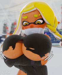 1girls 3d 3d_(artwork) big_breasts blush breast_expansion breasts clothed embarrassed female female_only hdddestroyer huge_breasts inkling inkling_girl jiggle looking_down new_agent_3_(splatoon) nintendo no_bra png ripped_clothing splatoon splatoon_(series) splatoon_3 splatoon_3:_return_of_the_mammalians sweat tentacle underboob yellow_eyes yellow_hair