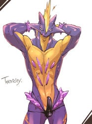 1boy abs amped_toxtricity anthro anthrofied armpits bulge clothed clothing erection erection_under_clothing eye_contact front_view half-closed_eyes hands_behind_head looking_at_viewer male male_only nintendo pokémon_(species) pokemon pokemon_ss portrait pose purple_body sasamix scalie sketch solo text three-quarter_portrait tongue topless toxtricity video_games yellow_body