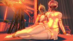 2girls 3d babel_(genshin_impact) belly_dancer belly_dancer_outfit blindfold cleavage curvaceous curvy dancer_outfit dark-skinned_female dark_skin eremite_(genshin_impact) eremite_floral_ring-dancer_(genshin_impact) eremite_scorching_loremaster_(genshin_impact) female_only genshin_impact glistening glistening_body green_hair harem_girl harem_outfit light-skinned_female light_skin long_hair mature_female mouth_mask mouth_veil neck_ring pelvic_curtain pink_hair red_blindfold revealing_clothes seductive seductive_pose seruu shiny_skin thick_thighs thighhighs thighs twin_braids veil very_long_hair white_thighhighs wide_hips yd's_slave_outfit