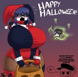 blushing busty duomi_(kalmoire) freckles_on_hips ghost halloween halloween_costume harley_quinn_(cosplay) hime_cut huge_breasts jester jester_cap jester_costume jester_girl jester_hat jester_outfit kalmoire mario_(series) shitpost shy shy_gal shy_guy snifit wide_hips