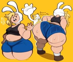 2girls adventure_time anthro ass big_ass blonde_hair bottom_heavy bubble_butt cake_the_cat clothing crop_top dat_ass dumptruck_ass fat_ass feline female female_only fionna_and_cake fionna_the_human_girl hat huge_ass human large_ass looking_at_viewer looking_back nathanatwar shorts sweat sweaty_ass thick_ass thick_thighs whateverdoes wide_hips