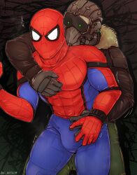 2boys behind bk_mita clothed clothing from gay looking_at_another male male/male male_only marvel marvel_comics mask muscular spider-man spider-man_(series)