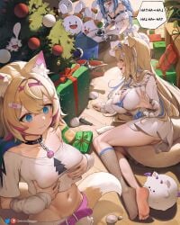 3girls alternate_breast_size blonde_hair blue_eyes blue_hair braid breasts christmas female fuwamoco fuwawa_abyssgard greatodoggo hi_res hololive hololive_english hololive_english_-advent- hololive_fantasy hololive_japan kemonomimi large_breasts light-skinned_female light_skin long_hair mococo_abyssgard multiple_girls pink_eyes pussy rabbit_ears short_hair sisters usada_pekora virtual_youtuber