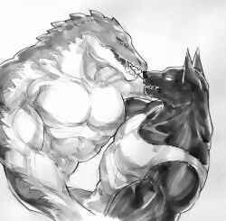 abs anthro anubian_jackal biceps black_and_white brother brothers canid canine canis clothed clothing crocodile crocodilian crocodylid digital_media_(artwork) duo etricronald fur hi_res humanoid incest jackal league_of_legends looking_at_another male male/male male_anthro mammal monochrome muscular muscular_anthro muscular_male nasus open_mouth pecs renekton reptile riot_games scales scalie simple_background teeth topwear white_background