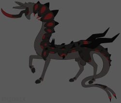 1_horn absurd_res animal_genitalia artist_name balls black_markings black_sclera black_scutes cloven_hooves darkened_balls darkened_genitalia darkened_sheath dewclaw_hooves dipstick_tail emionix feral flat_colors forked_tail fully_sheathed fur genitals grey_background grey_balls grey_body grey_fur grey_sheath hi_res hoofbeast hooves horn knight_(emx) lidded_eyes long_ears long_neck long_tail male markings mouthless nonbinary_(lore) noseless omnigon omnitope pupils quadruped raised_foreleg red_eyes red_markings scutes sheath side_view simple_background slim slim_feral slim_male slit_pupils snout solo solo_male spikes spikes_(anatomy) standing tail tail_markings tapering_snout text thick_tail thin_legs toony unguligrade unusual_anatomy unusual_tail