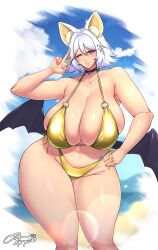 bat_ears bat_wings big_breasts bikini blush coolpsyco106 curvaceous curvy curvy_body curvy_female curvy_figure gold_bikini huge_breasts humanized large_breasts looking_at_viewer peace_sign rouge_the_bat sega sonic_(series) thick thick_legs thick_thighs venus_body white_hair