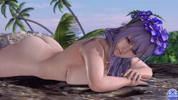 1girls 3d ass bare_shoulders beach breasts dead_or_alive dead_or_alive_xtreme_venus_vacation female female_only fiona_(doa) flower flower_in_hair hitomiluv3r laying_down legs lips looking_at_viewer nude outdoors palm_tree palm_trees purple_eyes purple_hair rock sky