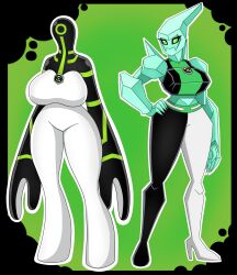 1_eye 2023 5_fingers alien alien_humanoid apple_green_clothing apple_green_eyes ben_10 big_breasts black_body blue_body breasts cartoon_network cel_shading clothed clothing diamondhead digital_drawing_(artwork) digital_media_(artwork) duo elemental_creature elemental_humanoid featureless_breasts female fingers front_view full_body galvanic_mechamorph green_background green_eyes green_sclera hand_on_hip hi_res humanoid midriff mineral_fauna mineral_humanoid outline petrosapien shaded simple_background smile standing upgrade_(ben_10) urusee584 white_body white_clothing white_outline