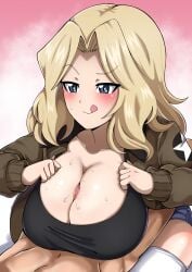 1boy blonde_hair blue_eyes blush breast_press breasts breasts_squeeze censored chyazuke_syake cleavage female girls_und_panzer jacket kay_(girls_und_panzer) large_breasts long_hair looking_at_another open_jacket paizuri paizuri_under_clothes penis saunders_military_uniform shirt straight sweat thighhighs tongue tongue_out