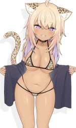 1girls bikini breasts cat_ears cat_tail catgirl cleavage gyaru hololive hololive_gamers hololive_japan huge_breasts large_breasts leopard_print mochigome_(mochigomemcmc) nekomata_okayu skindentation tan-skinned_female tan_skin virtual_youtuber