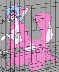 anthro bodily_fluids bondage bondage bound breast_milking cage cage_muzzle candy_lustheart canid canine female forced fox killer._.sushi lactating machine mammal milking_machine muzzle_(object) muzzled solo