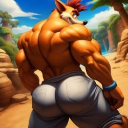 1:1 1boy ai_generated anthro ass ass_focus bandicoot bara bracelet bubble_butt clothed crash_(series) crash_bandicoot frosting.ai fur furry furry_only gay grey_shorts looking_at_viewer lowres male male_only marsupial muscular muscular_back muscular_male orange_fur red_hair shorts solo tagme tan_fur two_tone_fur video_games