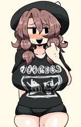 1girls 2d alternate_version_available big_breasts blush breasts brown_hair doodle hat light-skinned_female notnoe_(dxcl) open_mouth request sfw_version solo solo_female sumireko_usami sweat teeth text_on_clothing thick_thighs thighs touhou white_background