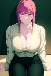 ai_generated big_breasts blush blush_lines blushing_at_viewer breasts breasts_out chainsaw_man cleavage cleavage_cutout curvaceous curvy garter_straps golden_eyes iron_art lingerie looking_at_viewer makima_(chainsaw_man) milf mommy pixai pov pov_eye_contact red_hair smile smirk smirking yellow_eyes