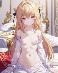 ai_generated bangs bed bed_sheet blonde_hair breasts closed_mouth collarbone detached_sleeves female hair_between_eyes hikikomari_kyuuketsuki_no_monmon indoors long_hair long_sleeves looking_at_viewer navel nipples on_bed pillow ratingquestionable red_eyes sitting small_breasts smile solo stomach terakomari_gandezblood topless