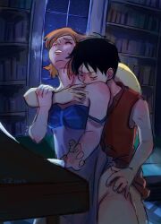 1boy 1boy1girl 1girls ambiguous_penetration black_hair bottomless bottomless_female bottomless_male clothed clothed_sex couple dress female from_behind from_behind_position head_thrown_back holding_arm library male map moaning monkey_d_luffy nami night one_piece orange_hair pre-timeskip scar sensual sex shirt short_hair standing standing_sex straight straw_hat zantinaa