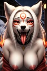 1girls ai_generated amaterasu amaterasu_(okami) anthro big_breasts breasts canine capcom choker female furry large_breasts mammal okami okami_(capcom) open_mouth oral oral_sex tagme tailzai throat tongue tongue_out wolf_ears wolf_girl