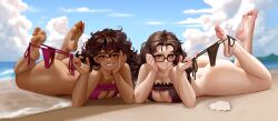 2girls ass beach bikini bikini_bottom bikini_bottom_removed brown_eyes brown_hair bubble_ass bubble_butt chocolate_and_vanilla curly_hair dark-skinned_female dark_skin dark_skin_light_soles feet feet_up female female_focus female_human female_only foot_fetish interracial kairuhentai kairunoburogu long_hair looking_at_viewer on_stomach pale_skin pose posing round_ass round_butt smile smiling smiling_at_viewer soles tan_body tan_skin thick thick_ass thick_thighs thighs toes toes_scrunch toes_spread twin_braids wavy_hair