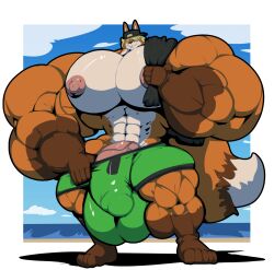 5_fingers 5_toes anthro balls beach big_balls big_bulge big_muscles big_pecs big_penis blonde_hair bobert bottomwear bulge canid canine clothing cloud day erection feet fingers fox genitals hair hat headgear headwear hi_res holding_object huge_balls huge_bulge huge_cock huge_muscles huge_pecs hyper hyper_balls hyper_bulge hyper_genitalia hyper_muscles hyper_penis looking_at_viewer male mammal muscular nipples pants pecs penis pink_nipples pink_penis plantigrade sea seaside shirtless smile solo standing toes towel water