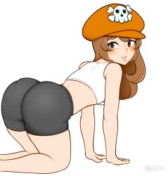 1girls abarus all_fours ass big_ass big_butt bike_shorts blush breasts brown_eyes brown_hair bubble_butt female female_only guilty_gear hat looking_at_another may_(guilty_gear) medium_hair shorts small_breasts solo solo_female tagme