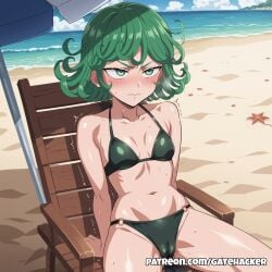 :s ai_generated arms_behind_back beach beach_chair beach_umbrella bikini blush cameltoe cloud curly_hair embarrassed female gatehacker green_eyes green_hair ocean one-punch_man pussy_juice sand sky small_breasts solo star sweat tatsumaki trembling wavy_mouth