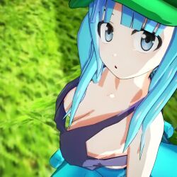 1girl 3d 3d_animation :o animated areola_slip areolae big_breasts blue_eyes blue_hair breasts cute downblouse hat light-skinned_female looking_at_viewer mofumoko5 nitori_kawashiro no_bra no_sound open_mouth partially_visible_nipples short_playtime skirt solo solo_female tank_top touhou twintails video