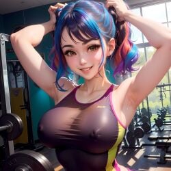 ai_generated armpit_fetish armpits asian_female erect_nipples gym_background gym_clothes gym_uniform multicolored_hair smile solo_female sweaty