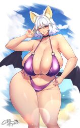 bat_ears bat_wings big_breasts bikini blush coolpsyco106 curvaceous curvy curvy_body curvy_female curvy_figure huge_breasts humanized large_breasts looking_at_viewer peace_sign purple_bikini rouge_the_bat sega sonic_(series) thick thick_legs thick_thighs venus_body white_hair
