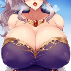 1girls ai_generated blush breasts_focus cape clothing earrings erect_nipples eroeroai fire_emblem fire_emblem:_genealogy_of_the_holy_war gigantic_breasts highres ishtar_(fire_emblem) jewelry lipstick ponytail purple_hair revolverwingstudios_(style) smile solo sweatdrop voluptuous