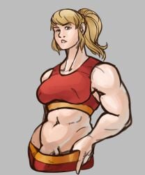 1futa biceps big_breasts blonde_hair blue_eyes breasts bulge clothed clothing flaccid futa_only futanari human light-skinned_futanari light_skin metroid mostly_clothed muscular muscular_futanari penis penis_peek ponytail red_sports_bra samus_aran short_hair solo sports_bra standing superkiakart