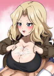 1boy blonde_hair blue_eyes blush breast_press breasts breasts_squeeze censored chyazuke_syake cleavage cum cum_on_breasts cum_on_face female girls_und_panzer jacket kay_(girls_und_panzer) large_breasts long_hair looking_at_another open_jacket open_mouth paizuri paizuri_under_clothes penis saunders_military_uniform shirt straight sweat thighhighs