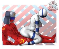 1boy 1girls artist_name countryhumans countryhumans_girl duo female finland_(countryhumans) hammer_and_sickle luisartz_(artist) male multicolored_background russia_(countryhumans) simple_background watermark