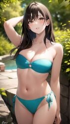 1girls ai_generated ai_mirror arm_up belly_button blue_bikini blush brown_eyes brown_hair bush forest hand_behind_head long_hair looking_at_viewer pond small_breasts stone_floor strapless_bikini tree white_skin