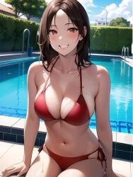 1girls ai_generated ai_mirror belly_button blush brown_eyes brown_hair building bush lamppost long_hair looking_at_viewer medium_breasts pool pool_ladder poolside red_bikini sitting smile tree wet_body white_skin