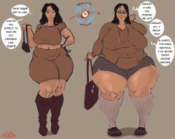 bad_anatomy black_hair breasts_bigger_than_head chubby chubby_female crocs fat fattening glasses huge_breasts moessins nerd nerdification nerdy_female reality_warping short_shorts socks_and_shoes solo solo_female solo_focus tan_skin thick_ass thick_hips thick_thighs