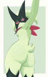 ass big_ass big_breasts breasts feline feline_humanoid fur furry game_freak green_body green_fur meowscarada pink_eyes pokemon pokemon_(species) pokemon_sv simple_background simple_shading smile smooth_skin sr.aguacate tail thick_ass