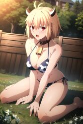 1girls ai_generated arcueid_brunestud bikini blonde_hair collar cow_costume cow_print cow_print_bikini day facing_viewer fate/grand_order fate_(series) female full_body horns large_breasts looking_at_viewer male_pov nai_diffusion outdoors pov red_eyes short_hair solo squatting stable_diffusion tsukihime