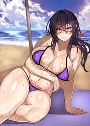 1girls beach belly bikini blush breasts chubby cleavage clothed eye_contact glasses half-closed_eyes heart huge_breasts jimiko korotsuke looking_at_viewer midriff milf momoe_nekura navel outdoors pink_eyes purple_hair sweat tattoo the_creepy_glasses_girl thick_thighs underboob wet wide_hips