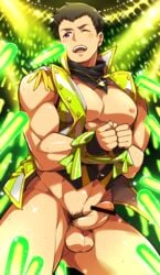 1boy aopanda bar_censor bara bound bound_wrists brown_hair censored erection glowstick highres idol_clothes idolmaster idolmaster_side-m looking_to_the_side male_focus one_eye_closed open_mouth penis perineum pubic_hair purple_eyes shingen_seiji solo_focus testicles